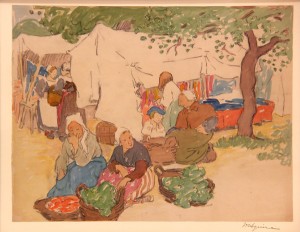 Maud Hunt Squire 1873-1955 "Marché en Bretagne" circa 1906 crayon et aquarelle 250 x 325 mm